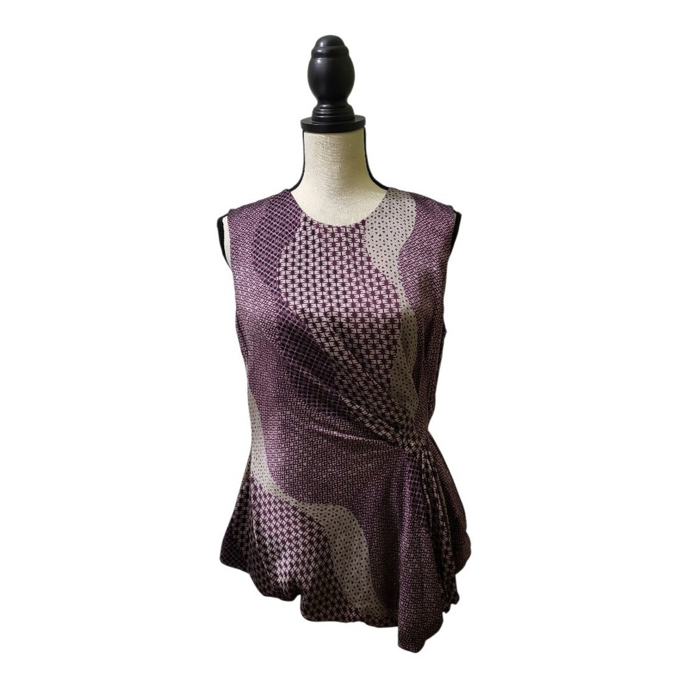 Dennis Merotto 100% Silk Sleeveless‎ Geometric Pattern Top With Side Pleating 10